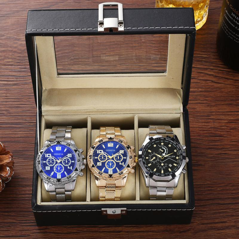 3-Piece Boxed Men's Watch Business High-End Fake Three-Eye Steel Band Watch 3-Piece Set Black Warrior Watch for Men