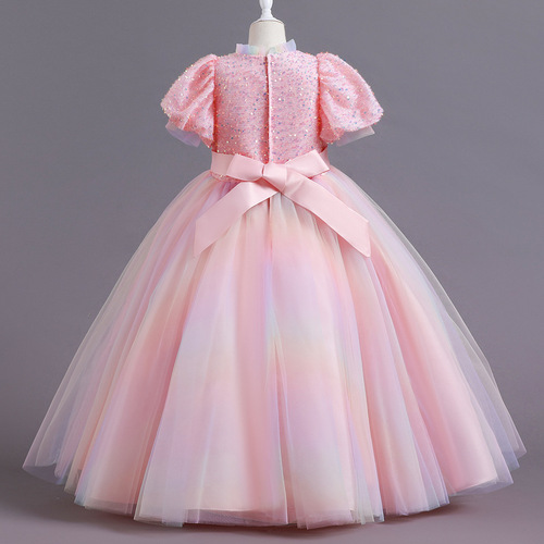 GIRL'S COURT STYLE DRESS WITH BUBBLE SLEEVES, SPARKLING CHOCOLATE NET, Puffy Princess Dress, Long Train, Gradient Evening Gown, Flower Girl Dress