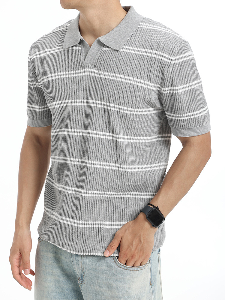 Europa y los Estados Unidos transfronterizos de verano hombre con solapa rayada hielo polo camiseta de negocios casual alta sensación de mangas cortas prendas de punto para hombres