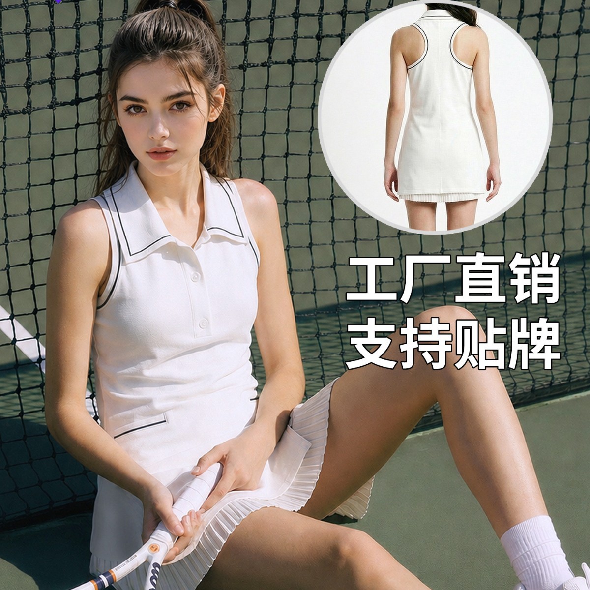 Factory Direct Sales Hot-Selling Polo Sleeveless Tennis Dress for Women, Anti-Exposure Pleated Sports Skirt, Casual Quick-Dry White