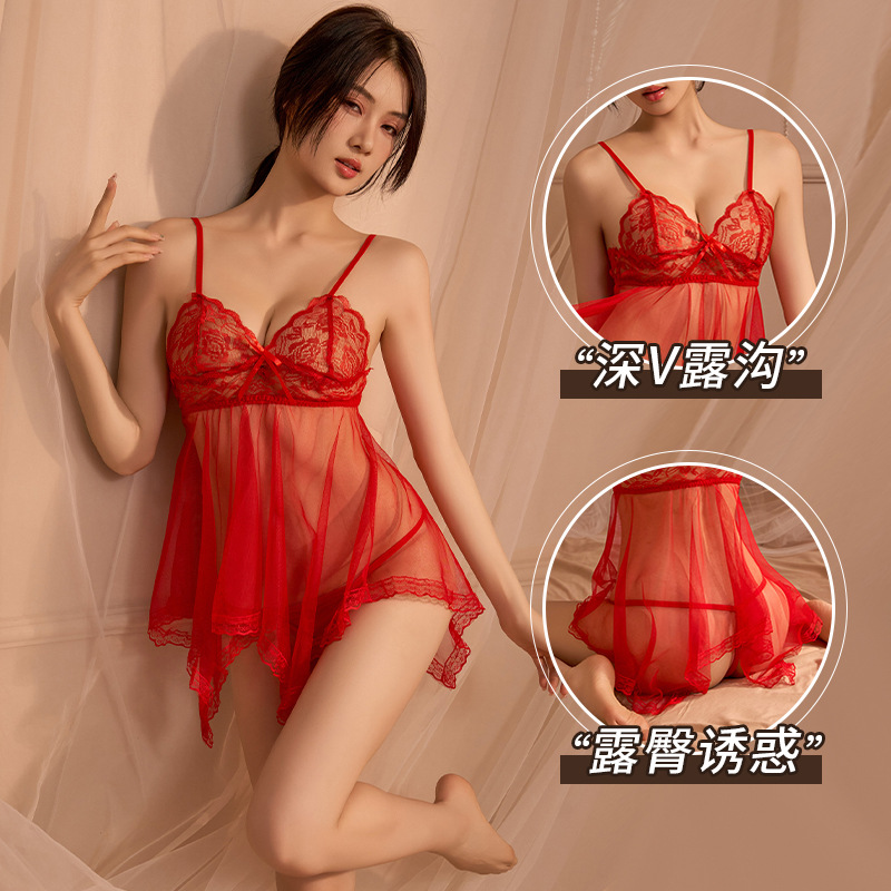 Lencería sexy europea y americana tentación traje de Mujer Transparente Sling Plus tamaño encaje malla vestido más tamaño Pijamas