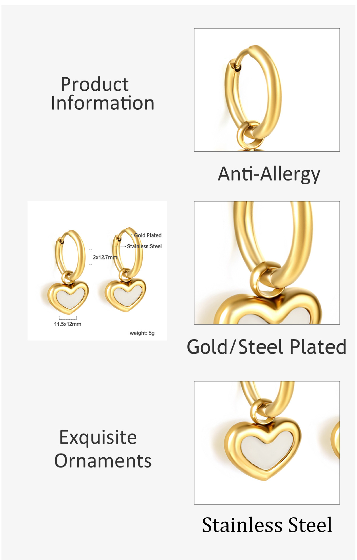Plating, Inlay Design Simple Style Style 1 Pair Simple Style Heart Shape Shell Plating Inlay Stainless Steel Shell Drop Earrings