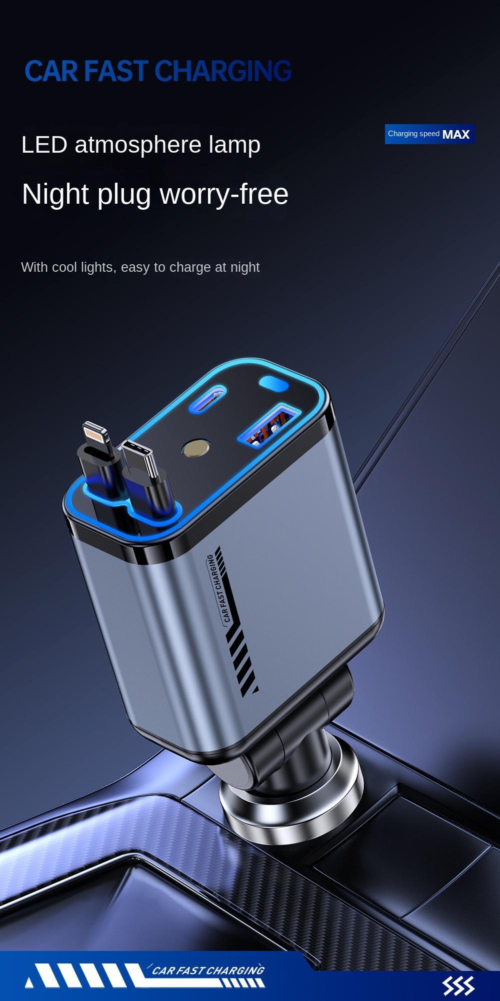 4-in-1 Car Fast Charging Charger with 80cm Cable Multifunctional Car Power Adapter
