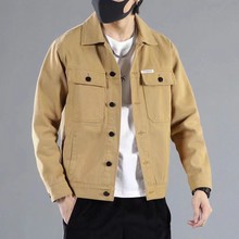 美式休闲纯色工装牛仔外套男潮牌宽松百搭夹克多袋设计卡其色上衣