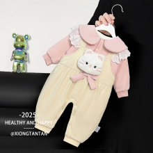 宝宝秋冬季加绒套装婴儿夹棉背带裤卫衣两件套周岁女童秋冬装衣服