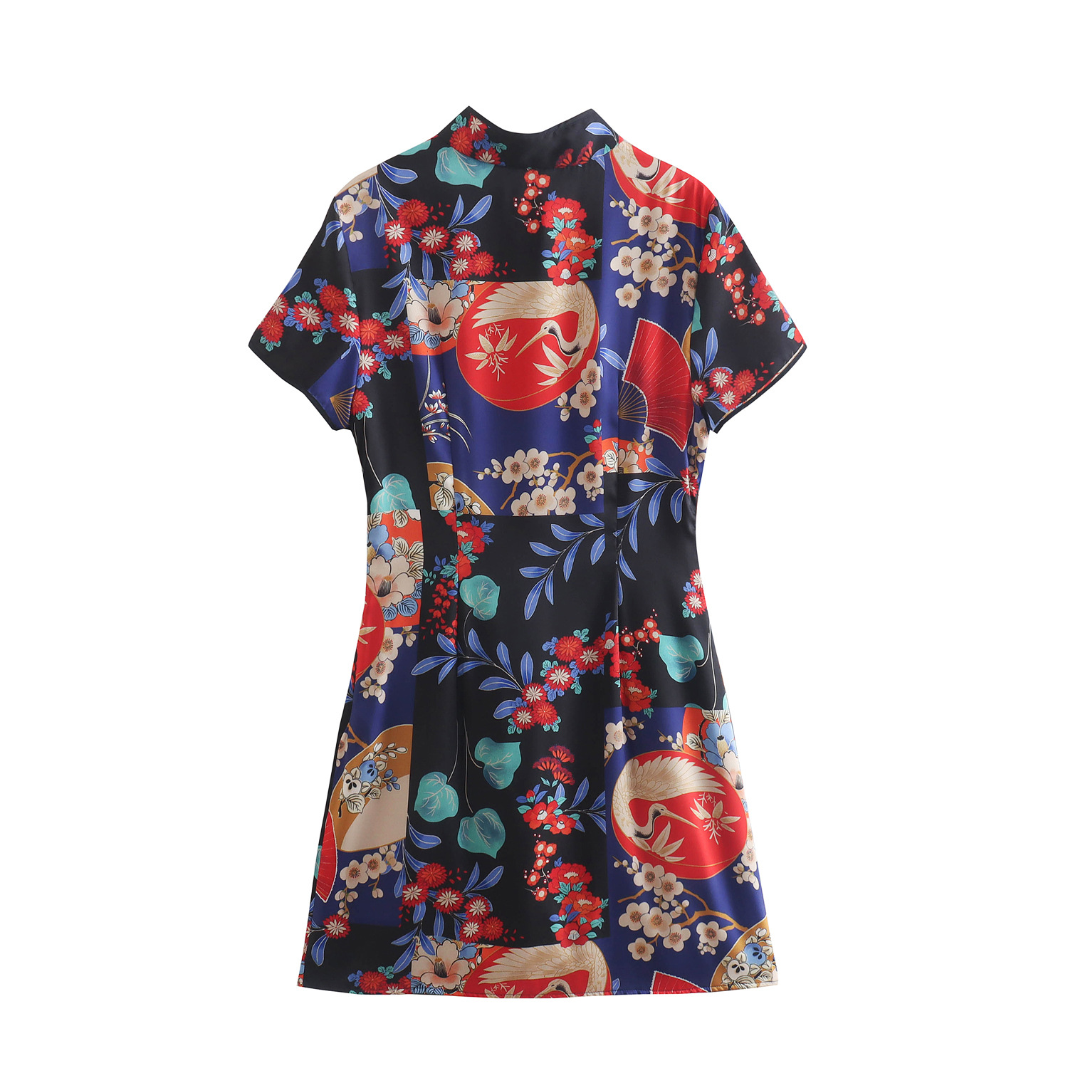 silk satin print short sleeve slim Cheongsam collar dress NSXFL117700