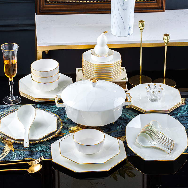 Dish Set Household Nordic Simple Octagonal Gold Edge Jingdezhen Ceramic Tableware Set Household Dish Set Dish Set Household Nordic Simple Octagonal Gold Edge Jingdezhen Ceramic Tableware Set Household Dish Set