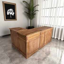 侘寂风实木原木接待吧台老榆木民宿酒店前台接待店铺L型转角岛台