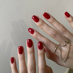 純色穿戴甲車厘子酒紅色黑色白色藍色綠色裸色短短梯簡約美甲貼片