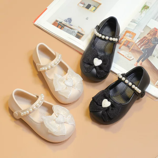 Girls Princess Shoes Spring and Autumn New Bow Pearl Shoes Baby Girl Flat Shoes Girls Anti-Slip Toe Shoes