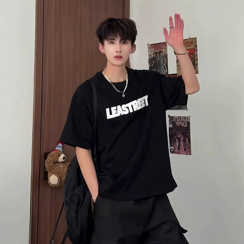 Мужская футболка с короткими рукавами и вышивкой в ​​стиле пэчворк в американском стиле, летняя тяжелая свободная универсальная стильная футболка с защитой от морщин весом 300 г