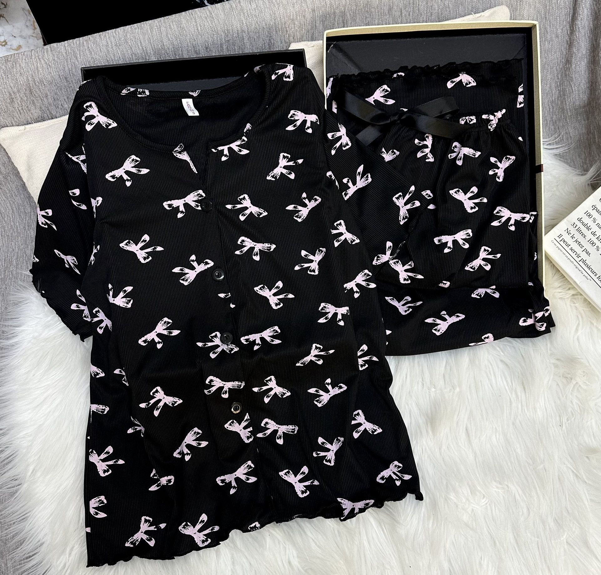 Al por mayor transfronterizo explosión primavera y otoño delgada V-collar cardigan hilo de hielo pijama de mangas cortas pantalones largos set de ropa para el hogar