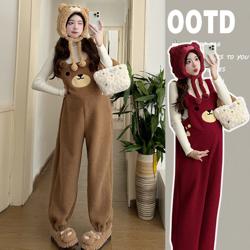 2024 autumn and winter new fashion fleece-lined thickened cute Joker bear strap pants thickened bottoming pregnant women suit