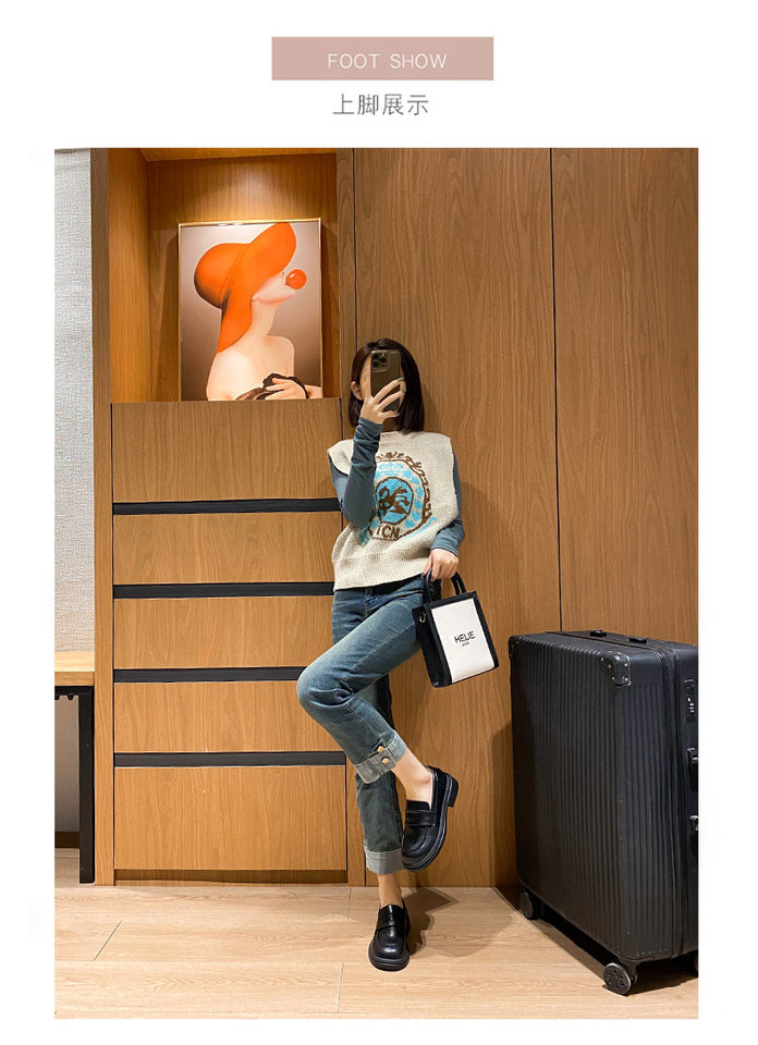 Giày lười nữ đế dày kiểu Anh cổ thấp mũi tròn gót thô 3-5 cm — Màu nâu, Màu đen chi tiết 13