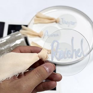 Blank Acrylic Round with Yellow Ribbon Wedding Seat Label Party Name Card Reserved Sign Bookmark Book Tag