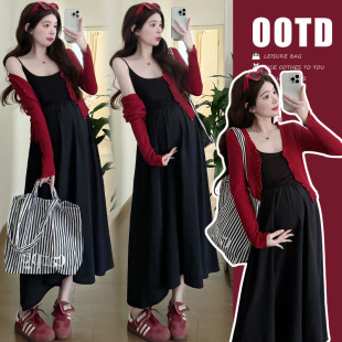Real shot in stock spring and summer Hepburn style temperament slim pregnant mother suspender dress sunscreen cardigan coat