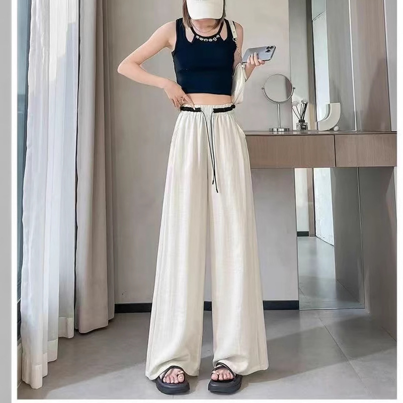 冰丝亚麻阔腿裤女夏慵懒风高腰双拼设计抽绳棉麻拖地裤休闲直筒裤