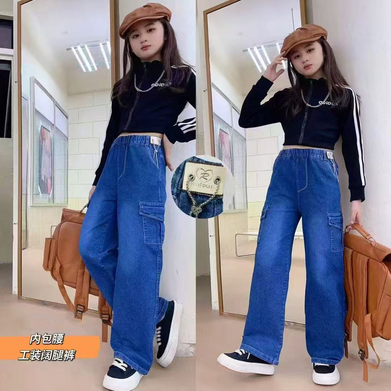 Korean Style Little Girl Cargo Jeans 2025 New Trendy Brand Children's Cargo Pocket Straight Pants Trendy Children's Clothing