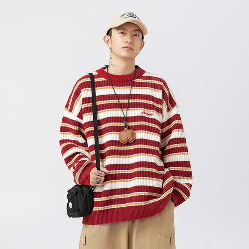 Striped heavyweight chunky-knit sweater for men—autumn/winter, retro contrast-color design, Japanese-style crewneck knit jacket