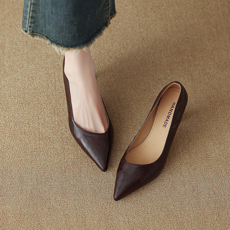 Giày cao gót mũi nhọn kiểu Pháp size 33-41, giày nữ xuân thu mới, giày cao gót đơn giản đi làm — Màu nâu