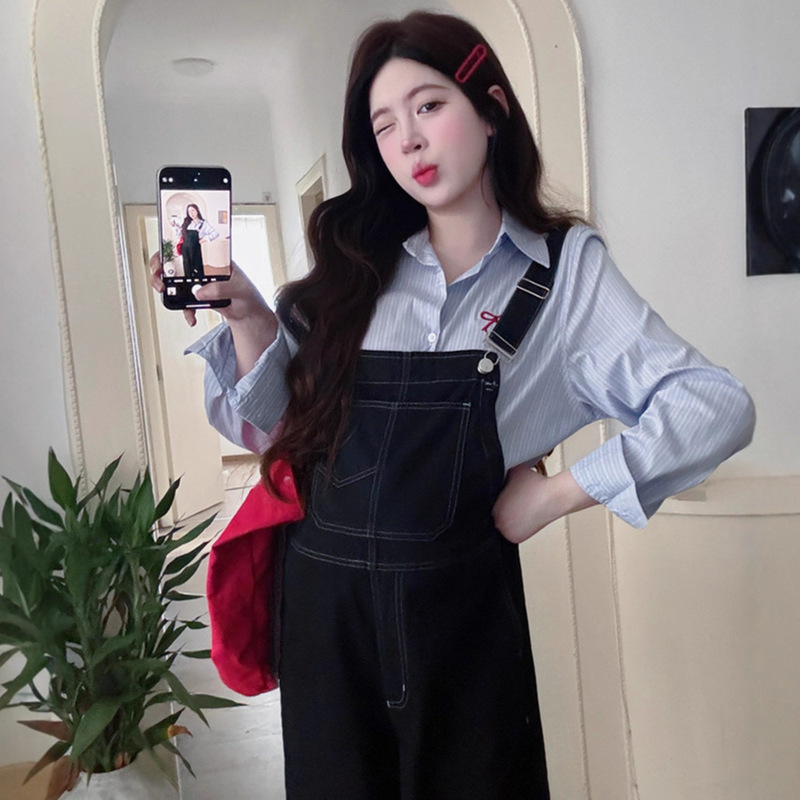 Work Maternity Suit 2025 New Autum Korean Style Casual Denim Overalls + Stripesd Shirt Two-Piece Suit