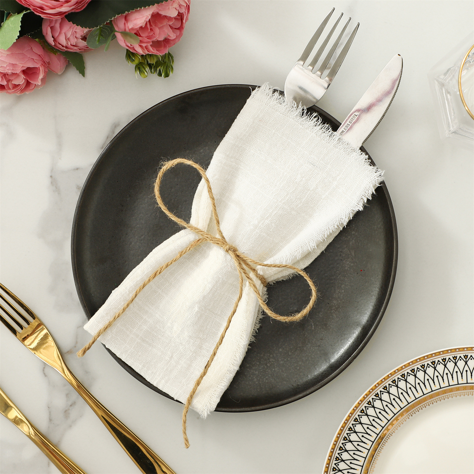 Servilleta de tela Amazon, tela arrugada, tela con borde crudo, arte occidental, decoración de mesa de comedor, mantel individual, servilleta de tela con borlas de algodón y bambú