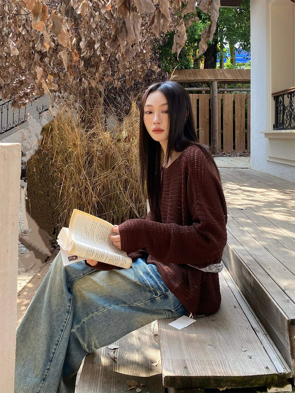 2025秋季新款慵懒风宽松天丝亚麻女式针织衫圆领镂空毛衫女W1098|undefined