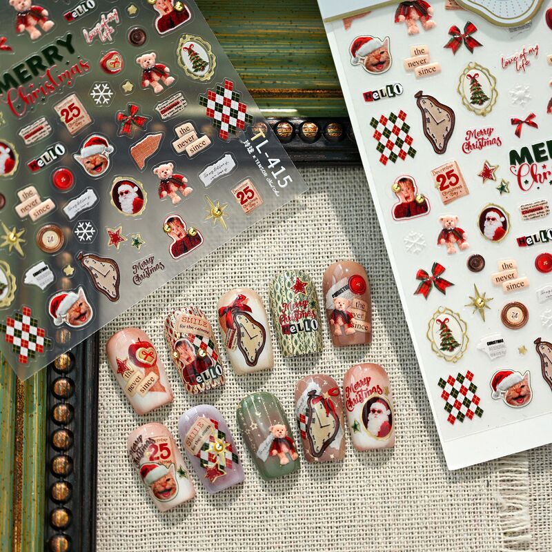 Ironstone Retro Style Christmas Gold Foil Nail Stickers Tl415 Santa Claus Cat Bear Plaid Nail Art Stickers