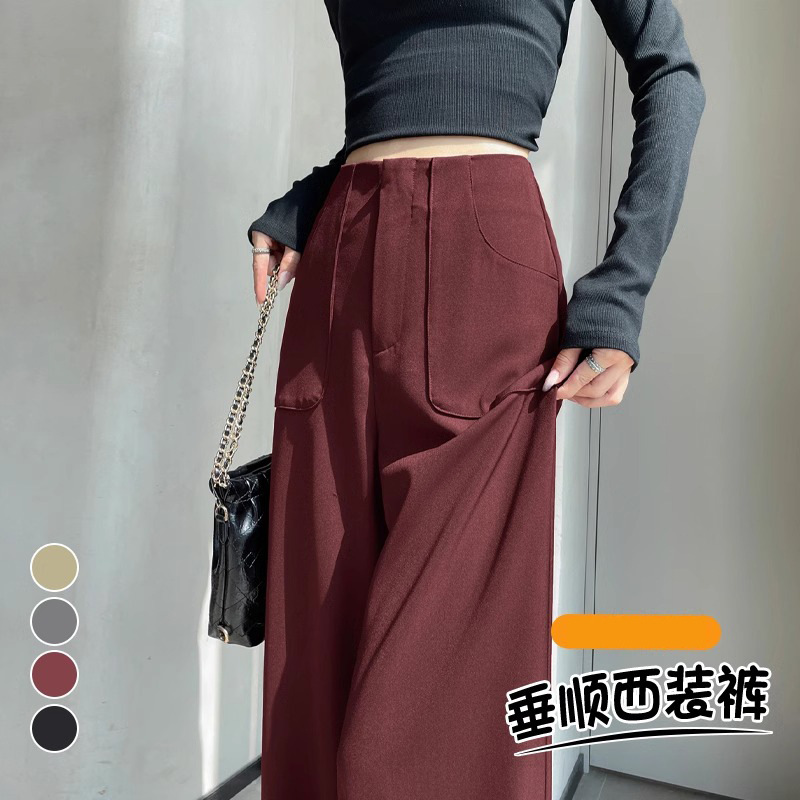 Ángora pantalones de traje rojo para mujeres de cintura alta y delgada recta, sensación vertical estrecha, falca, pantalones de pierna, pantalones de bananas, primavera y otoño