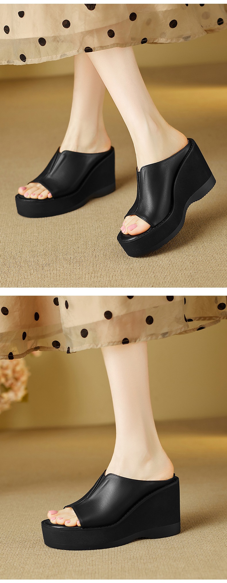 Dép sandal cao gót nữ mũi cá, đế xuồng dày, quai ngang, gót 8 cm — đen chi tiết 6