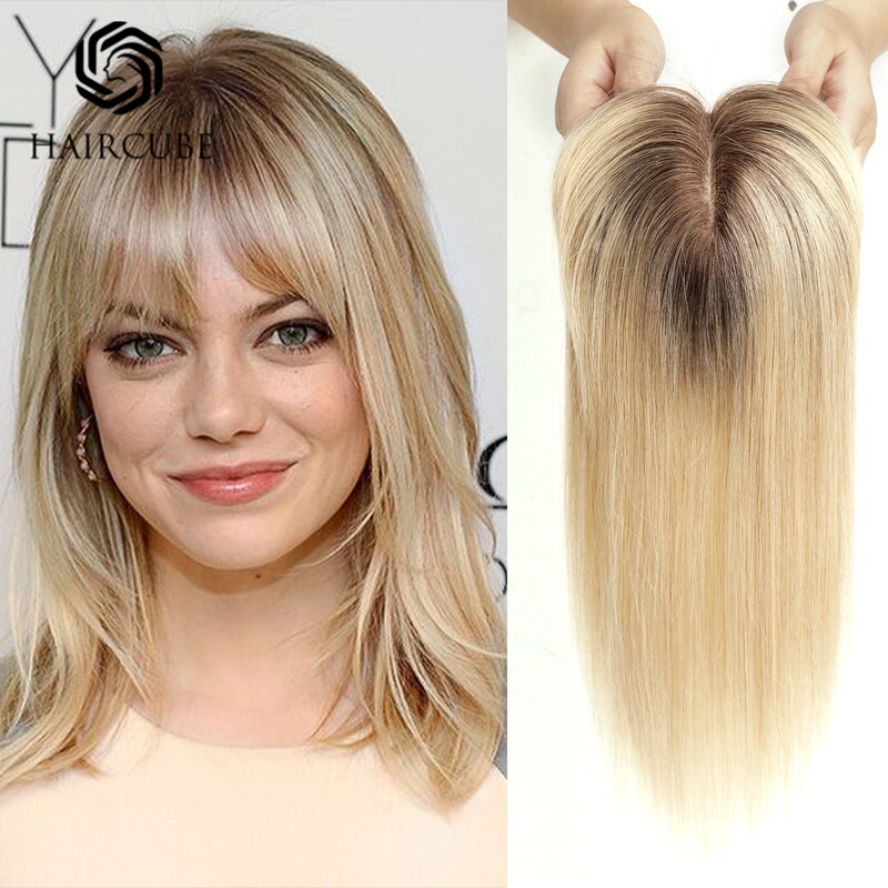 Women's 14-inch one-piece wig, lightweight and breathable, made of real human hair, with gradient blonde highlights and brown bangs