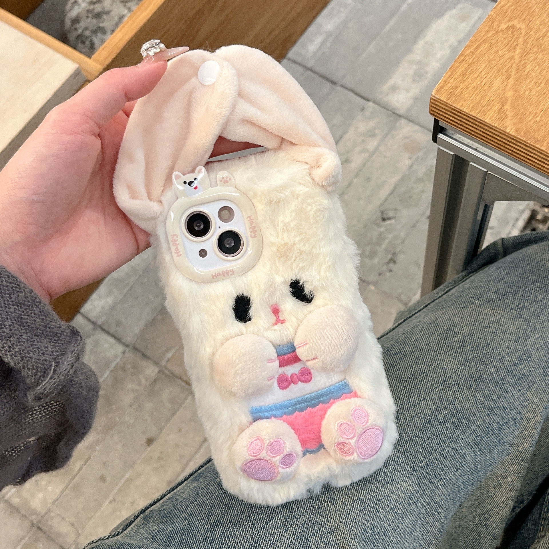 Botón de peluche lindo orejas conejo iPhone16 Apple 15 para 16 pro max cubierta de teléfono celular