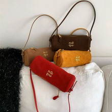 网红同款缪家麂皮字母DIY笔筒包2025新款通勤百搭磨砂斜挎手提包