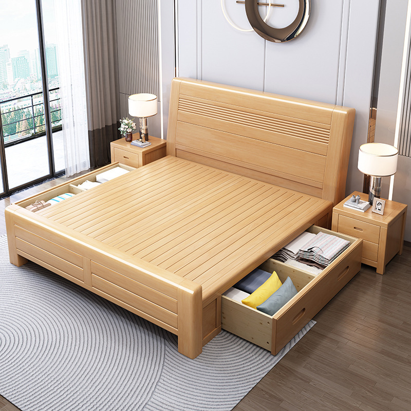 Beech Solid Wood Double Bed Mortise and Tenon Structure Log Bed Factory Direct Sales Economical Rental House 18m Beech Solid Wood Double Bed Mortise and Tenon Structure Log Bed Factory Direct Sales Economical Rental House 18m