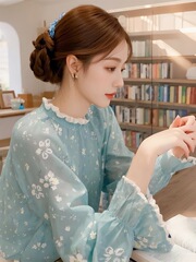 青い花のシャツの女性の高級感は贅沢で年齢を減らします。