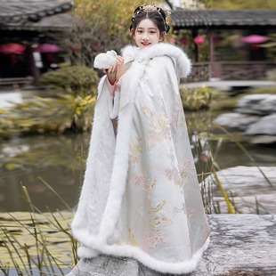 Girls' Hanfu Hooded Poncho Autumn and Winter Outgoing fleece-lined Warm Children's Long Chinese-style New Year's Wear Thickened Poncho