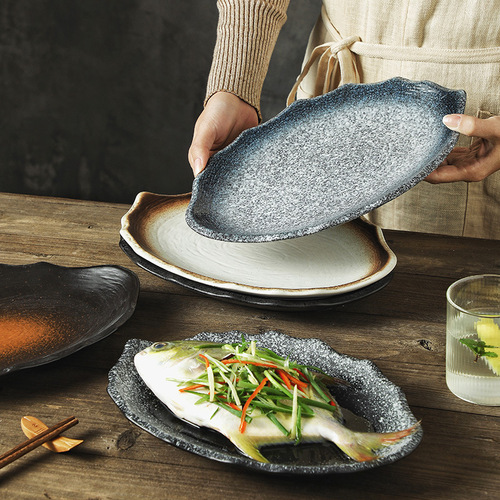 12-inch random egg-shaped steamed fish plate for home use, fish plate, steamed fish plate, new large Japanese style