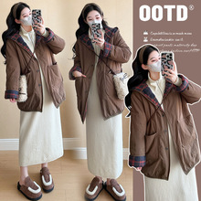 孕妇装气质复古宽松中长款风衣外套女秋冬新款夹棉连帽棉服女冬季