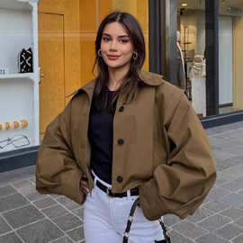 跨境欧美设计感打褶翻领夹克衫女2026秋季美拉德宽松长袖外套女装