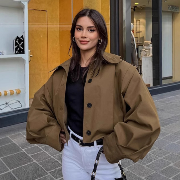 Cross-Border European and American Design Pleated Lapel Jacket for Women 2026 Autumn Melard Loose Long-Sleeve Coat Women's Clothing Cross-Border European and American Design Pleated Lapel Jacket for Women 2026 Autumn Melard Loose Long-Sleeve Coat Women's Clothing