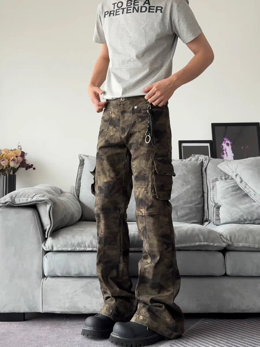 Herrenbekleidung Retro-Camo-Cargohose für Männer und Frauen – Slim Fit, mehrere Taschen, Militär-Taktik-Jogginghose mit ausgestelltem Bein_voghion.com