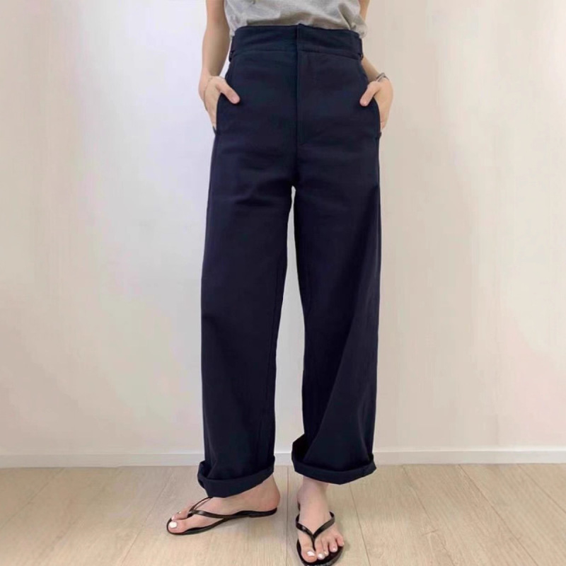 韩系穿搭藏蓝色西装裤女秋季高级设计感小众高腰遮跨显瘦直筒裤子|undefined
