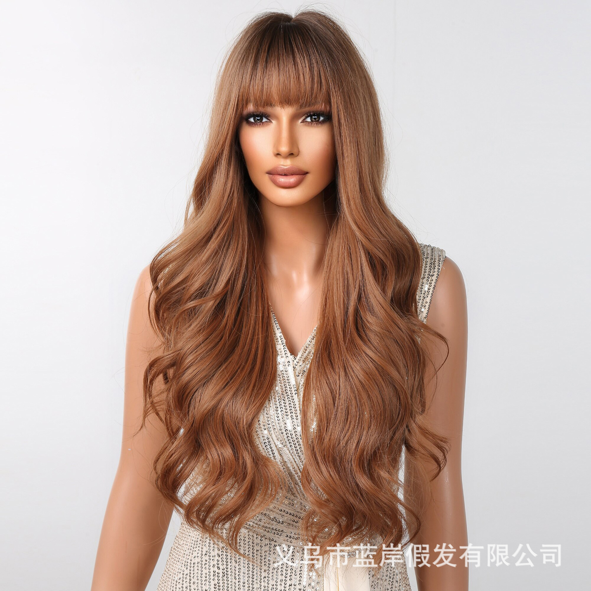 Nueva peluca de estilo europeo y americano para mujer, diadema completa con flequillo, marrón dorado, pelo largo y rizado ondulado grande, conjunto de pelucas de fibra química