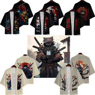 Summer Foreign Trade New Feather Woven Japanese Ukiyo-E Cat Warrior Peripheral 3D Digital Printed Cardigan Robe Cloak