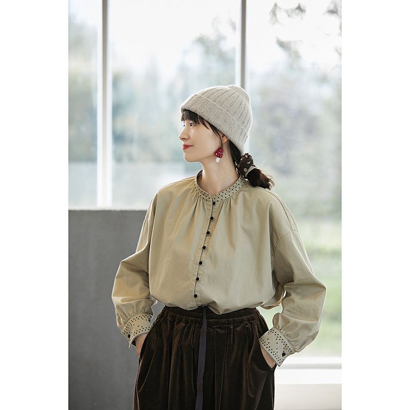 Artistic Retro Original Women's Clothing in Hemp Green, Versatile Stand-Collar Casual Simple Embroidered Shirt, New Chinese Style Base Shirt