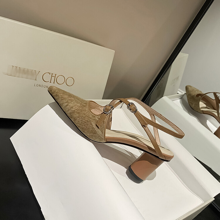Sandal cao gót mũi nhọn phong cách Trung Hoa mới, chất sa tanh, quai chéo rỗng, gót thô 9 cm — Màu trắng be, Màu Kaki chi tiết 28