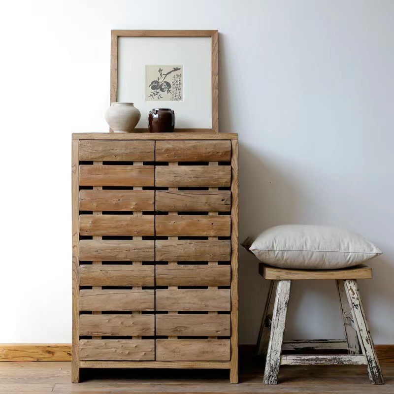 New Chinese Style Home Shoe Cabinet Entrance Shoe Rack Old Elm Multi-Layer Shoe Storage Cabinet Solid Wood Living Room Storage Cabinet