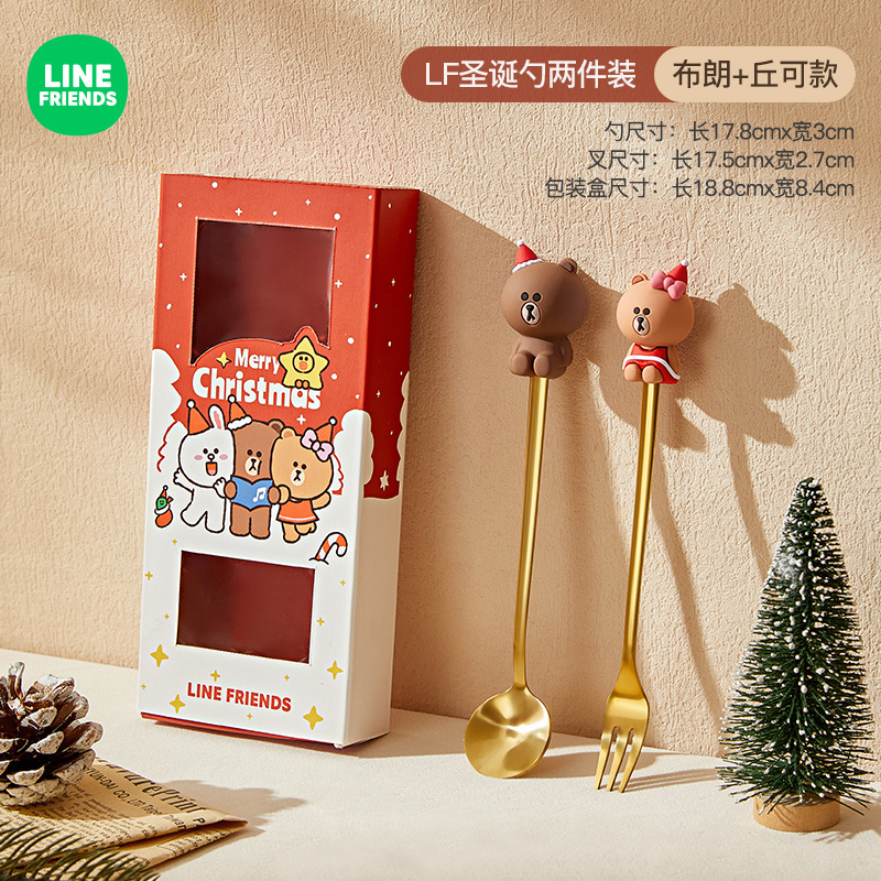 ブラウン熊クリスマスフォークスプーン高級感ステンレス食器フォークスプーンギフトボックスセット洋食フォークデザートスプーン|undefined