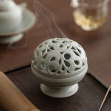 仿古青釉陶瓷香炉家用室内打香篆禅意熏香摆件中式创意镂空盘仿宋