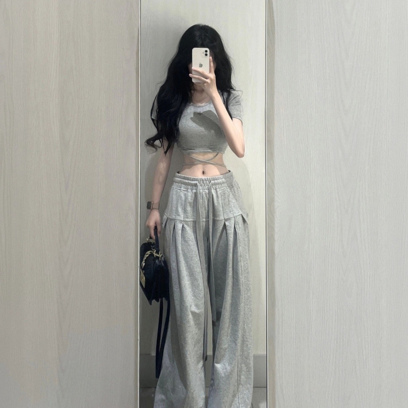 套装女2025夏季新款辣妹短款短袖T恤设计感上衣高腰显瘦阔腿裤ins|undefined
